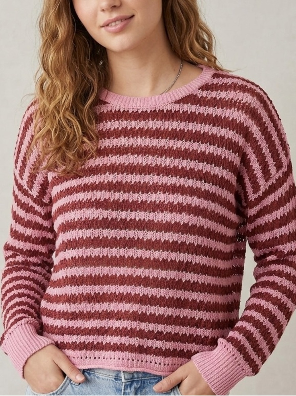 Vero Moda Striped Pink and Burgundy Open-Knit Sweater - Large